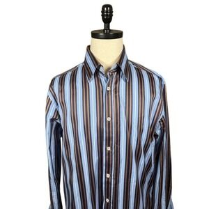 Bugatchi Uomo Men XL Shaped Fit Long Sleeve Striped Button Down Shirt Blue Brown